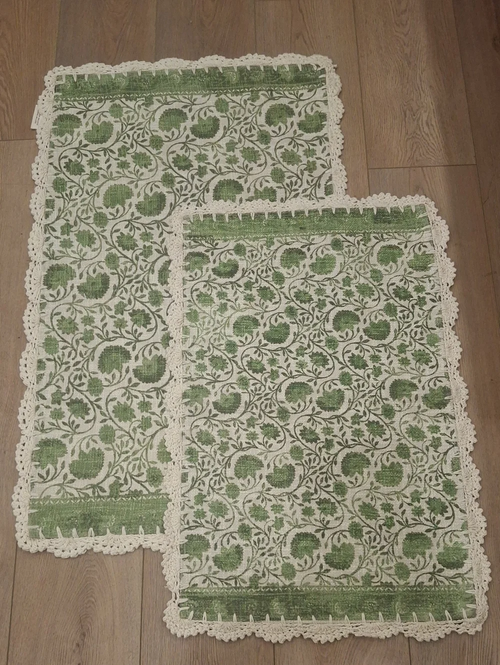 Green Floral Crochet-Trim Kitchen Mats, Set of 2
